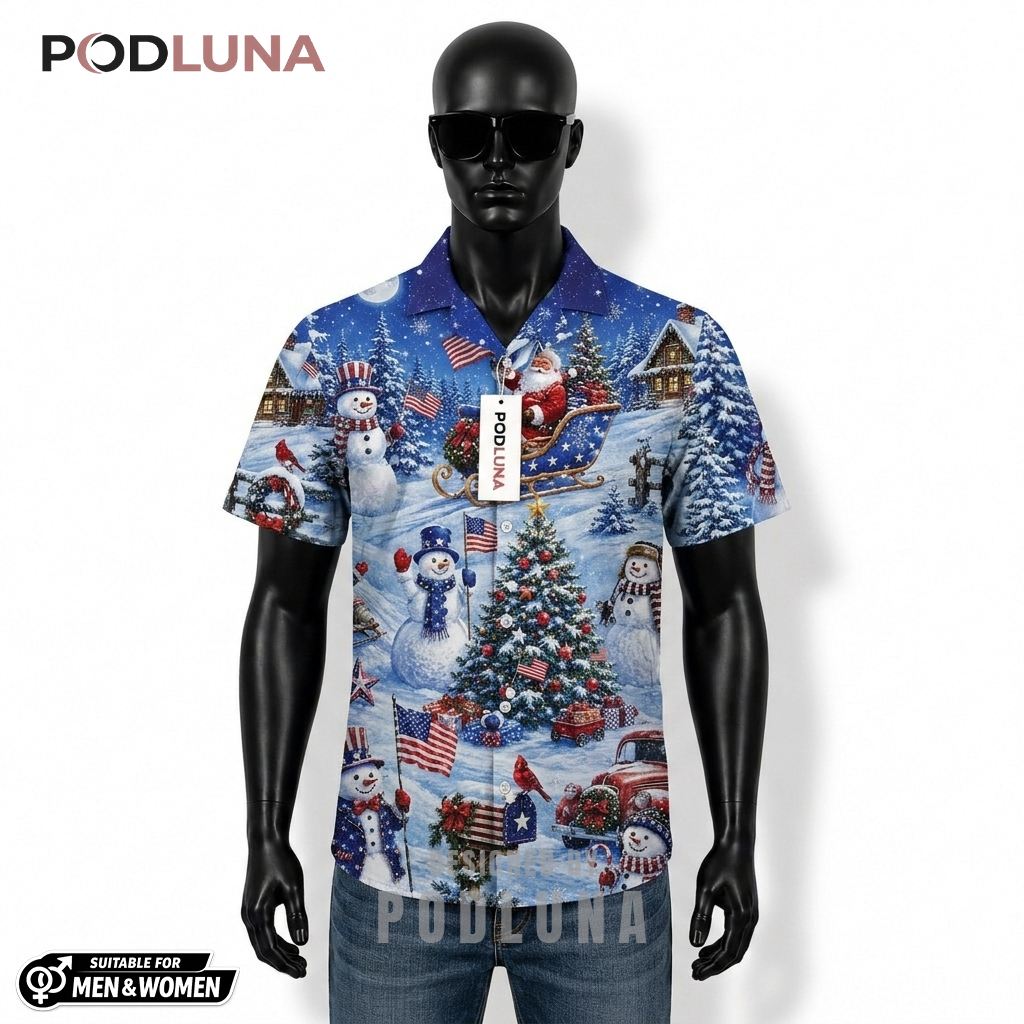 Santa Claus Patriotic Hawaiian Shirt Christmas Snowman Flag Print Front