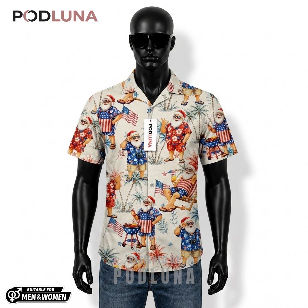 Santa Claus Patriotic Hawaiian Shirt Summer Beach BBQ Print Front