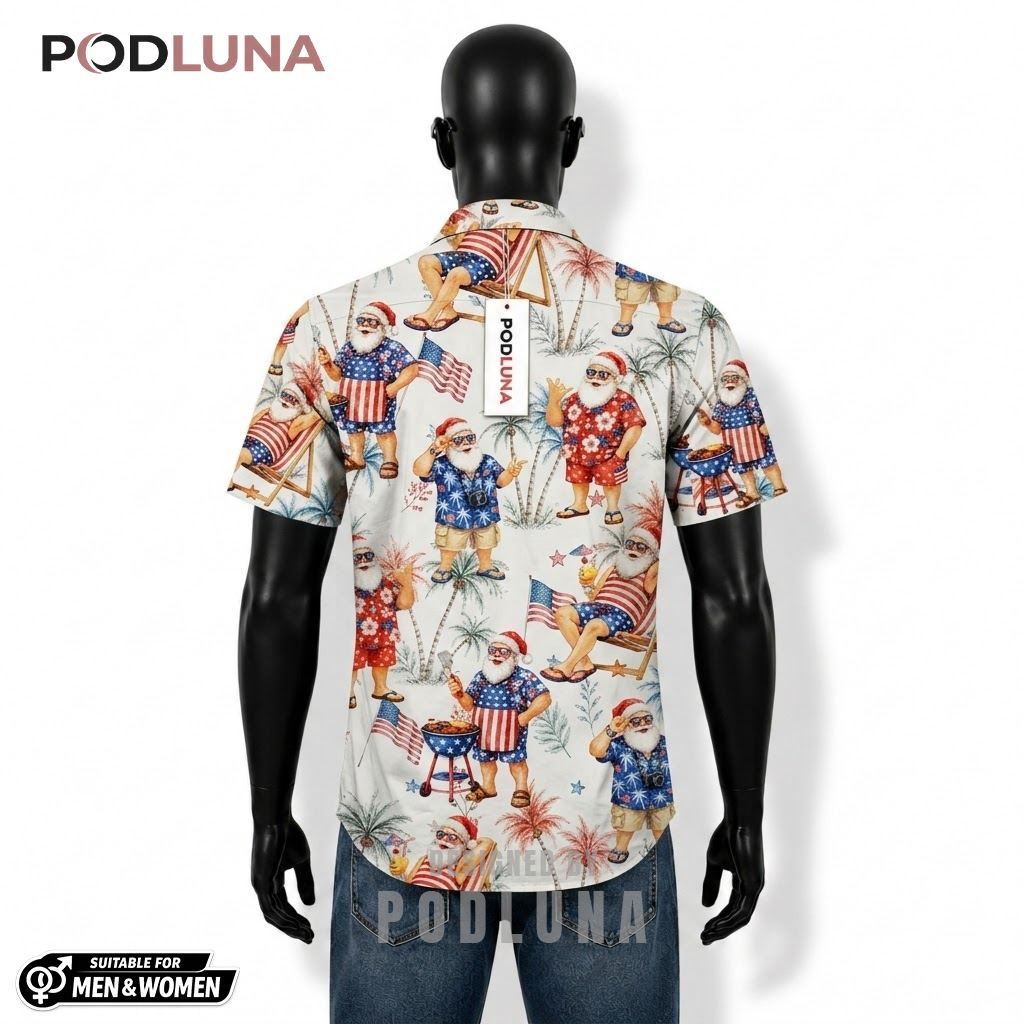 Santa Claus Patriotic Hawaiian Shirt Summer Beach BBQ Print Back Santa Claus Patriotic Hawaiian Shirt Summer Beach BBQ Print Back