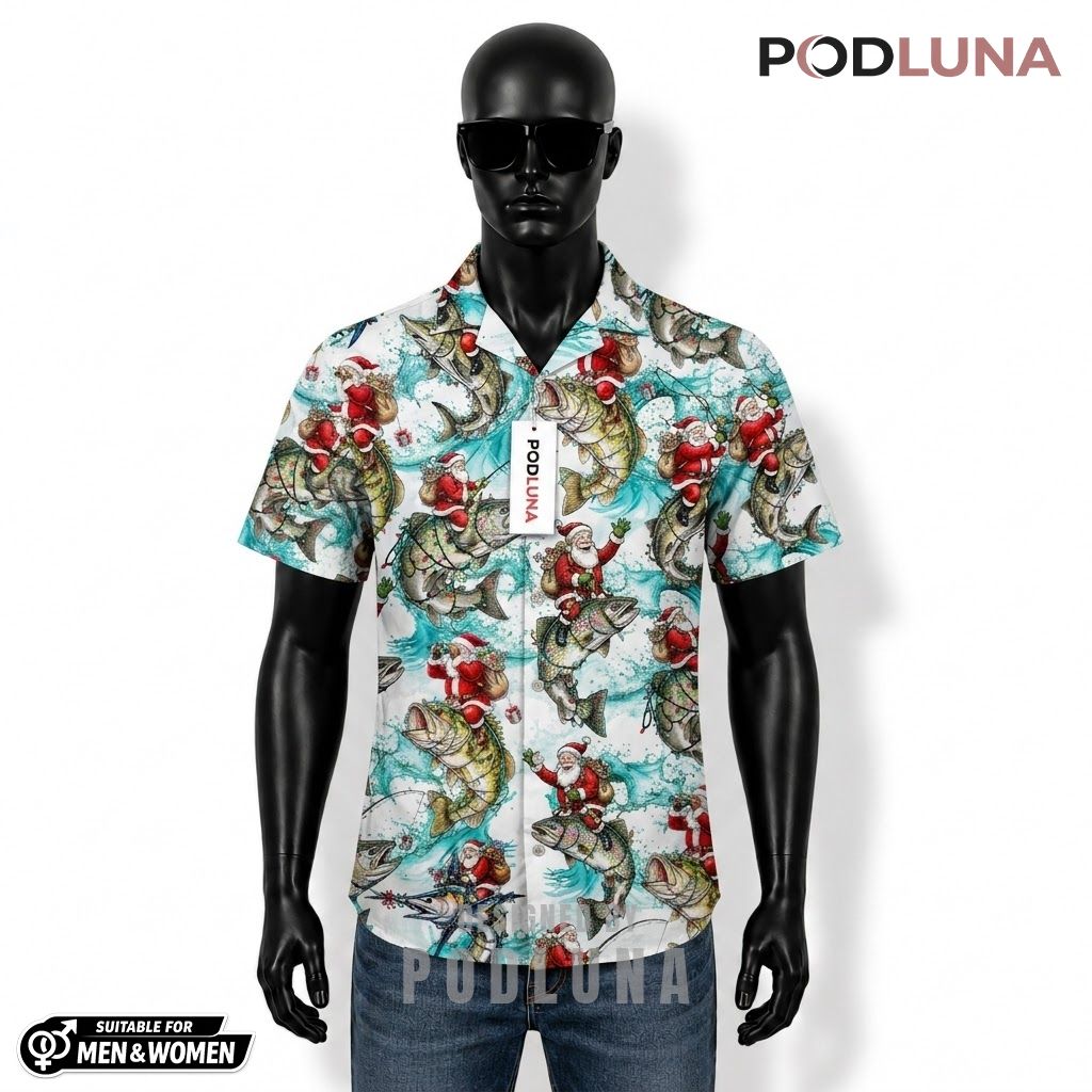 Santa Fishing Hawaiian Shirt Riding Bass Splash Print Front
