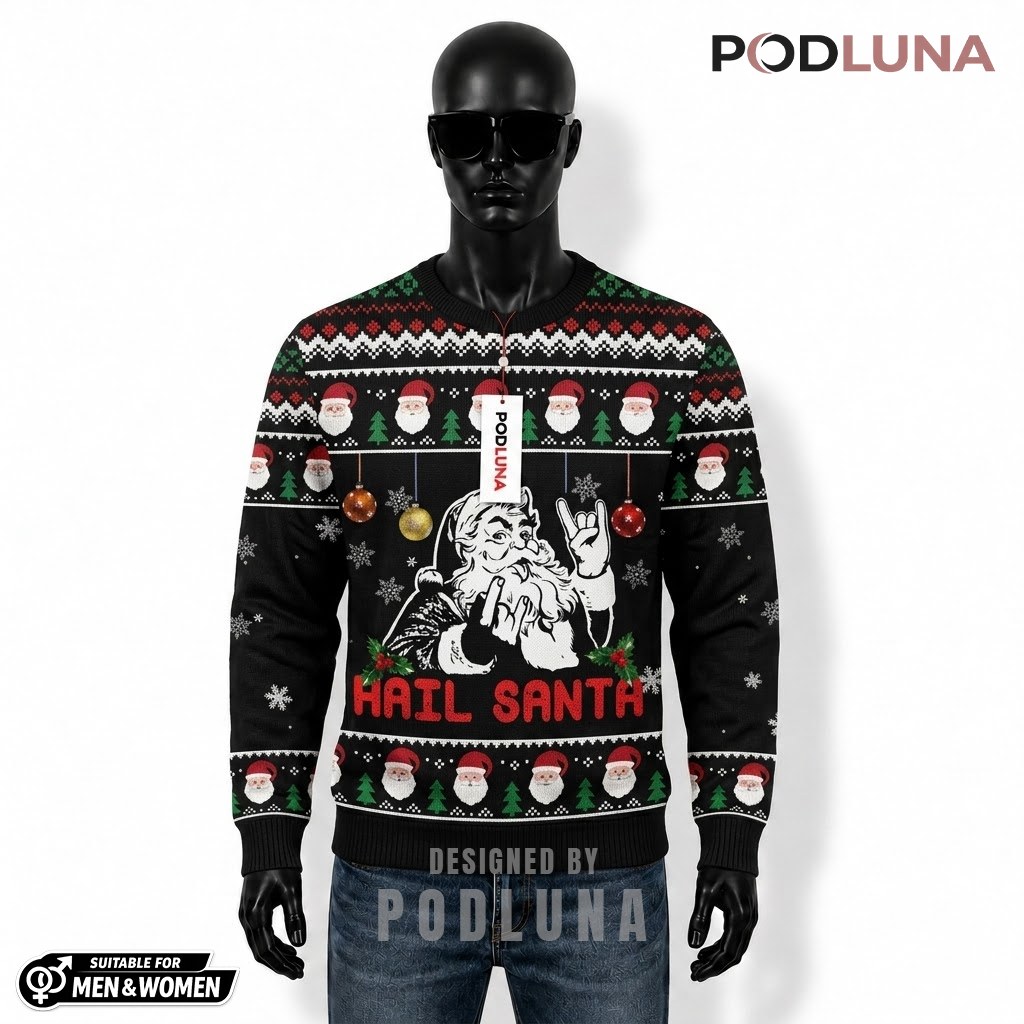 Santa Ugly Christmas Sweater Hail Rock Funny Front