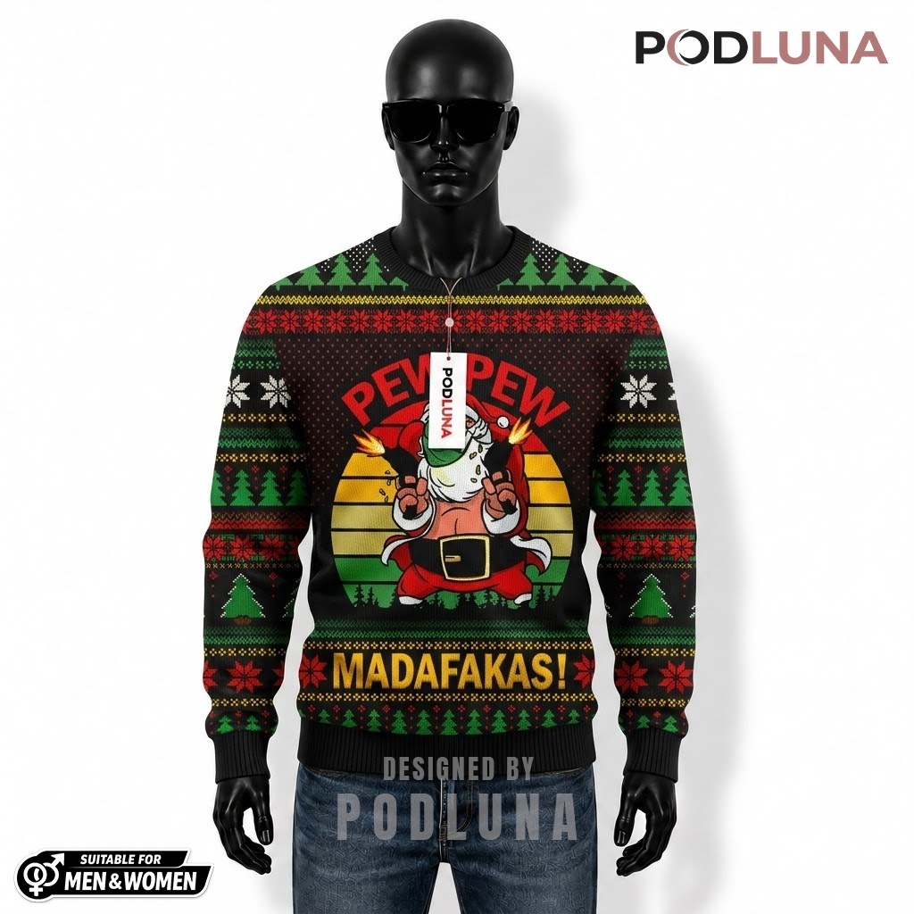 Santa Ugly Christmas Sweater Pew Pew Funny Front