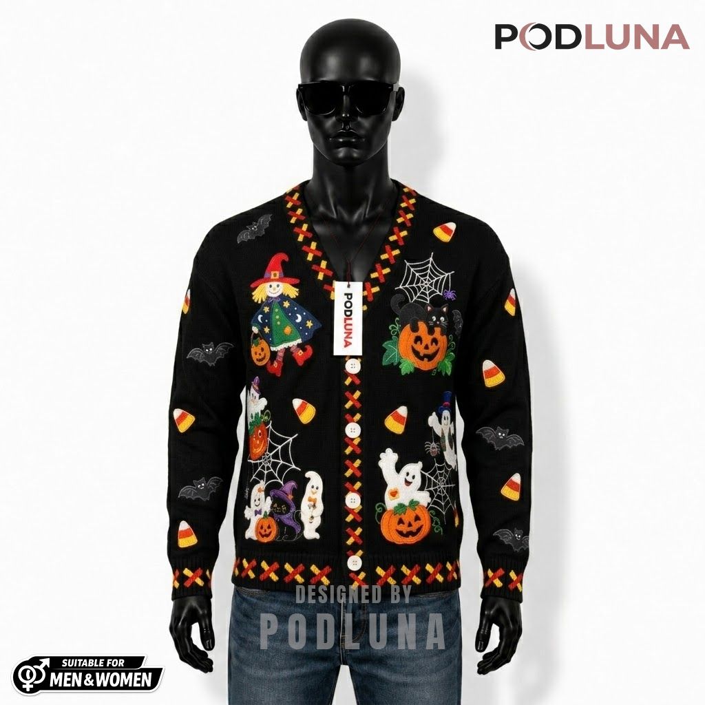 Scarecrow Halloween Cardigan Ghost Pumpkin Cat 1