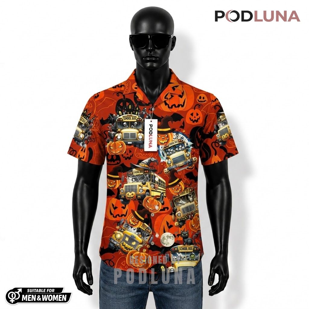 School Bus Halloween Hawaiian Shirt Pumpkin Face Red Front