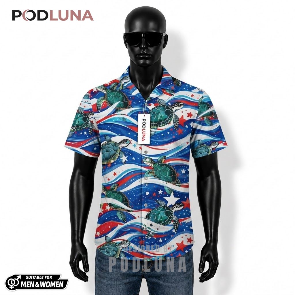 Sea Turtle Patriotic Hawaiian Shirt Wave Star Design Front