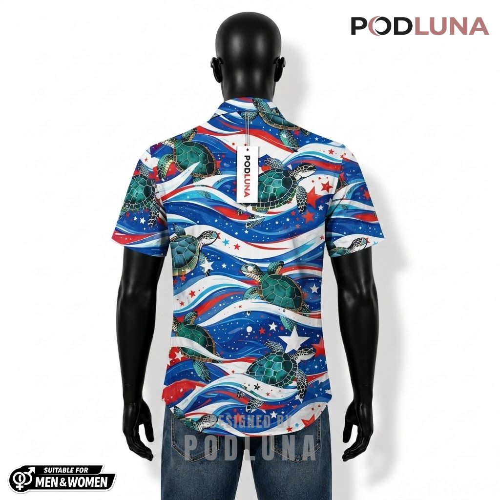 Sea Turtle Patriotic Hawaiian Shirt Wave Star Design Back Sea Turtle Patriotic Hawaiian Shirt Wave Star Design Back