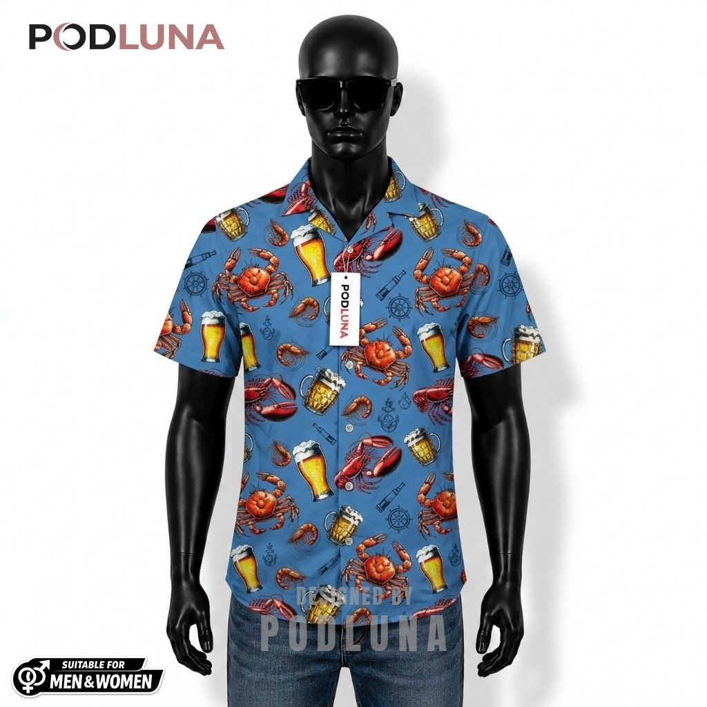 Seafood Beer Hawaiian Shirt Nautical Blue Pattern Front