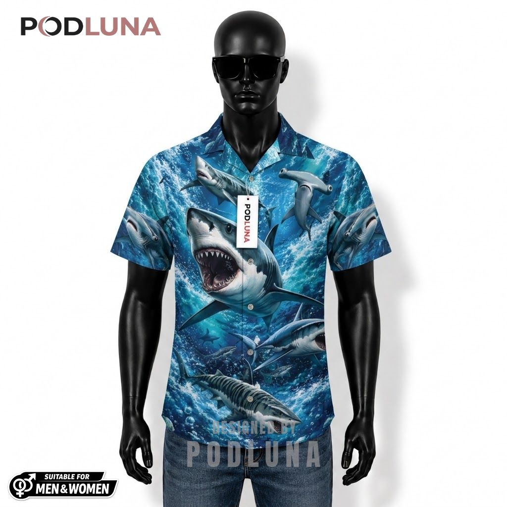 Shark Fishing Hawaiian Shirt Deep Ocean Wave Print Front