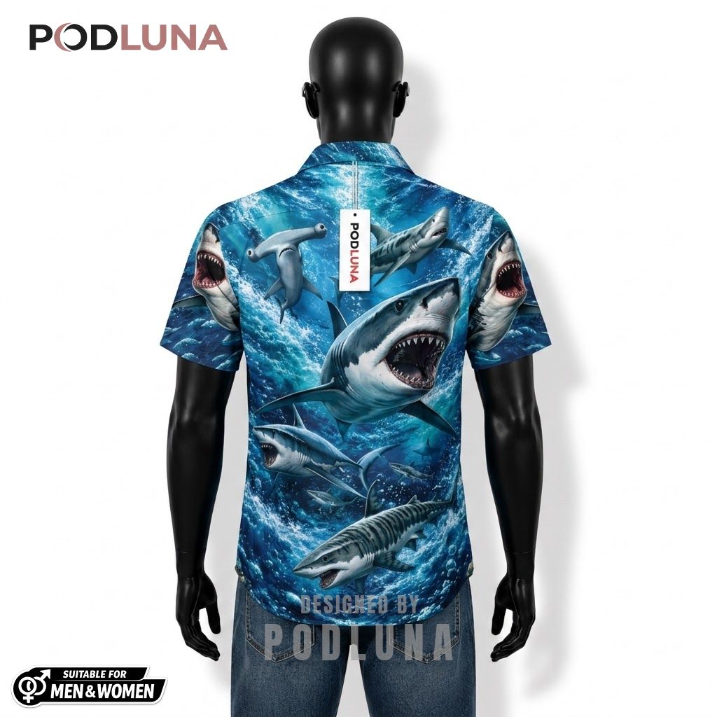 Shark Fishing Hawaiian Shirt Deep Ocean Wave Print Back Shark Fishing Hawaiian Shirt Deep Ocean Wave Print Back