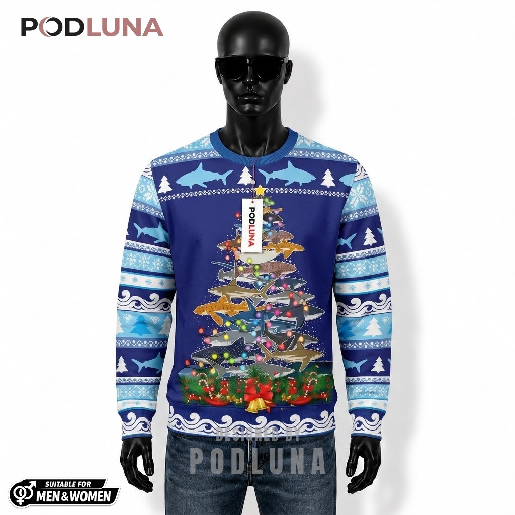 Shark Ugly Sweater Christmas Pine Tree Blue Wave Front