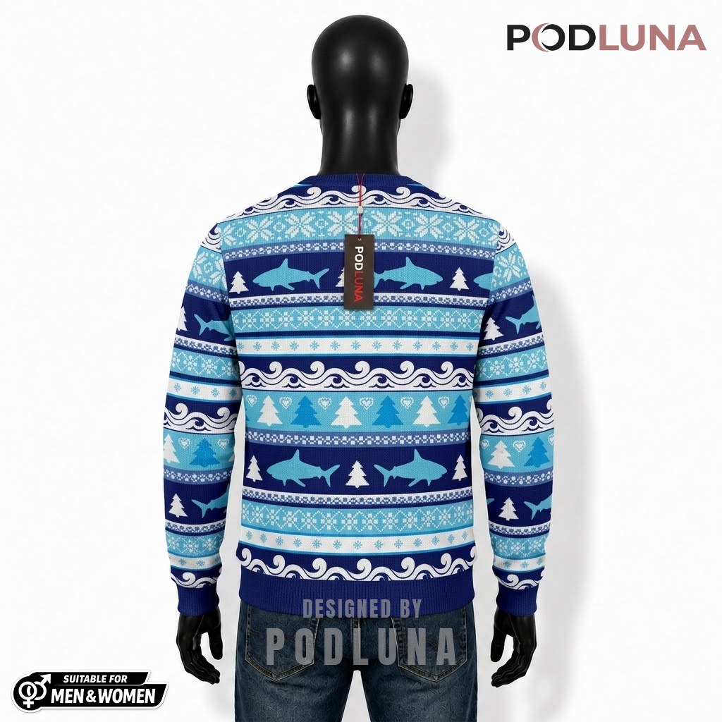 Shark Ugly Sweater Christmas Pine Tree Blue Wave Back Shark Ugly Sweater Christmas Pine Tree Blue Wave Back
