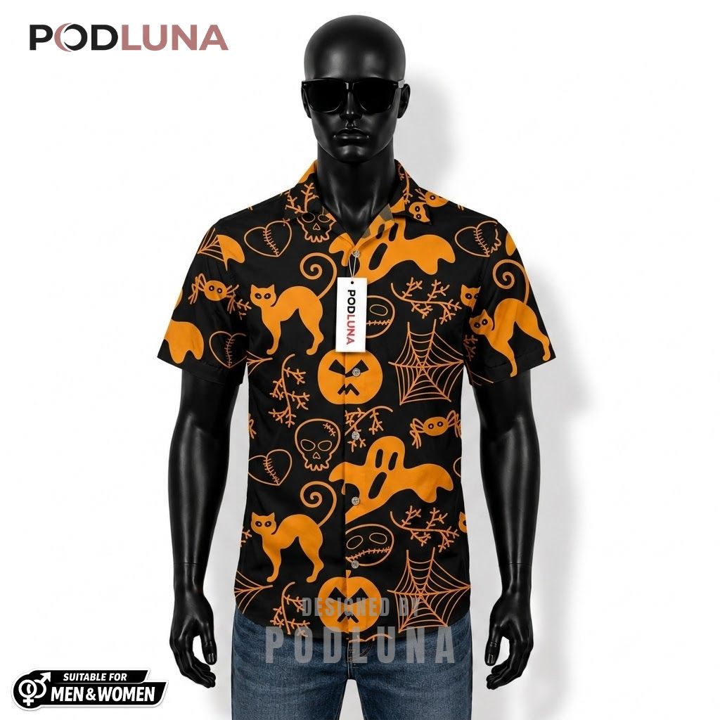 Silhouette Icon Halloween Hawaiian Shirt Ghost Black Cat Front