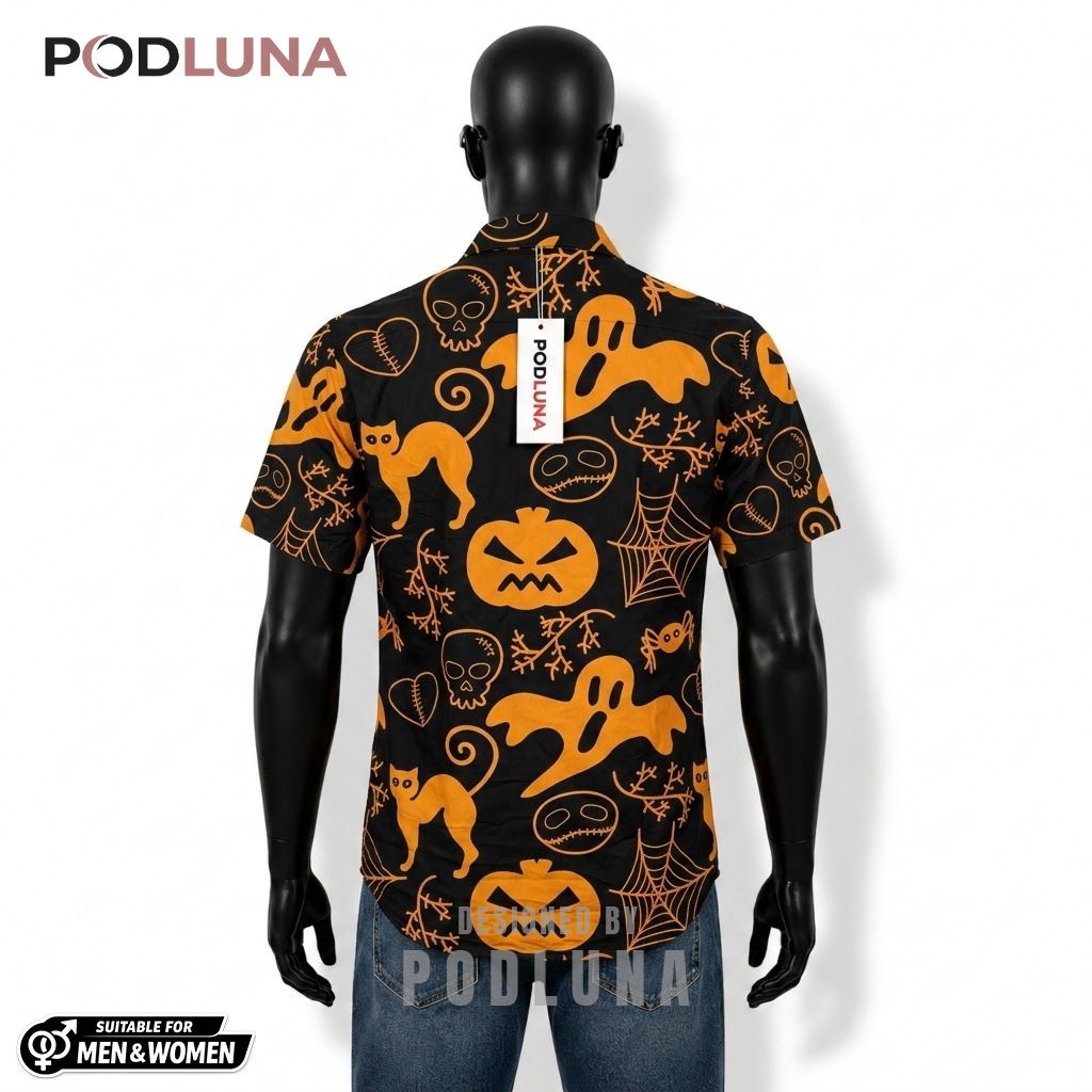 Silhouette Icon Halloween Hawaiian Shirt Ghost Black Cat Back Silhouette Icon Halloween Hawaiian Shirt Ghost Black Cat Back