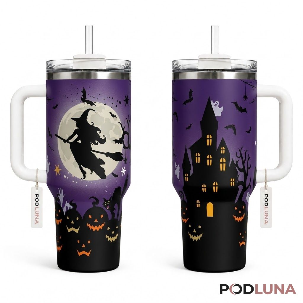 Silhouette Witch Halloween Tumbler 40oz Purple Haunted House Design