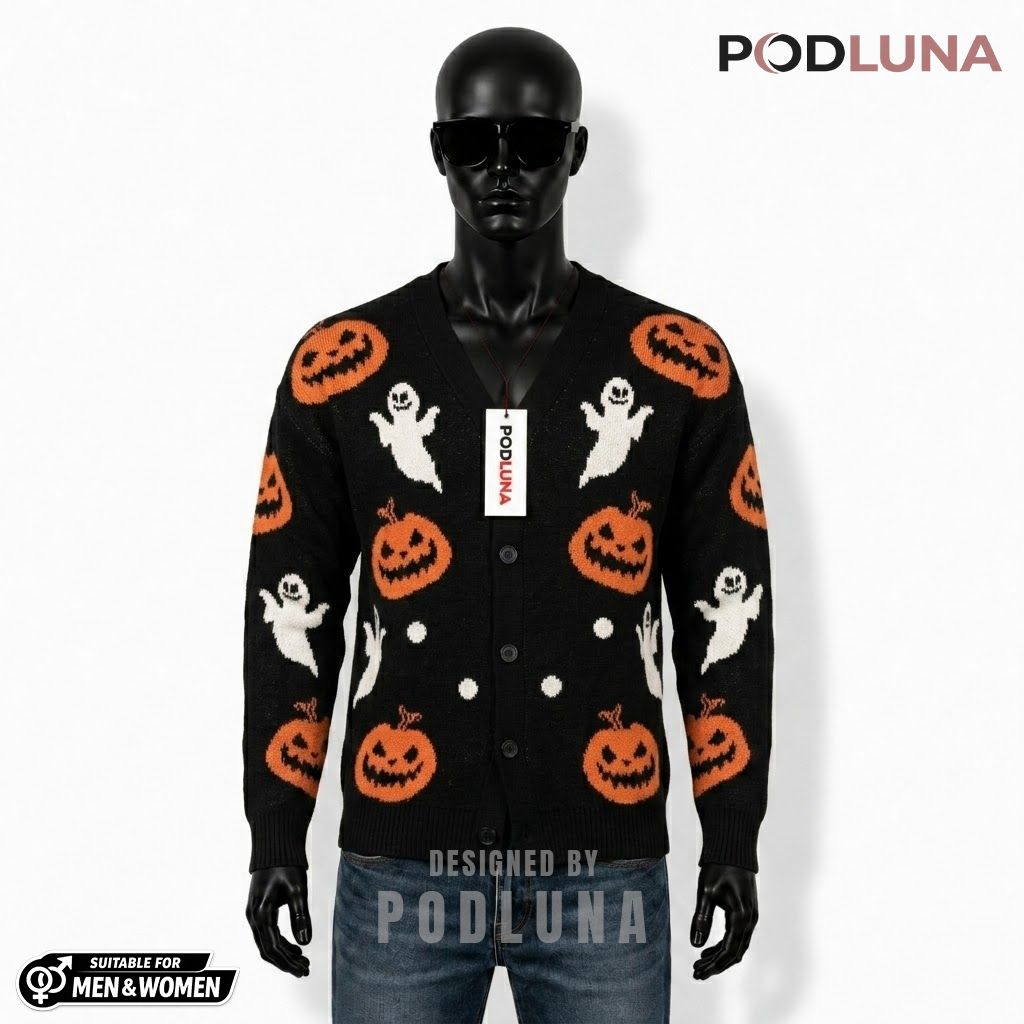 Simple Halloween Cardigan Pumpkin Ghost Print 1