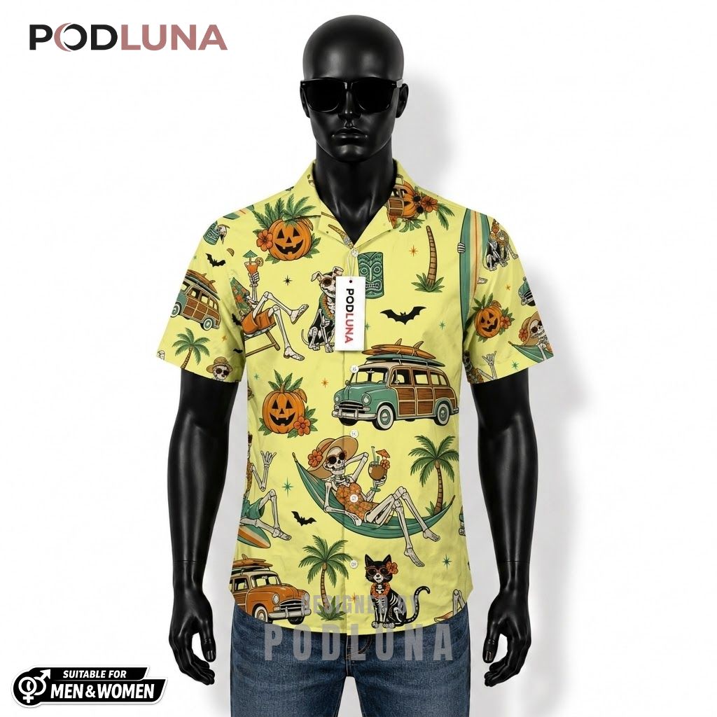 Skeleton Beach Halloween Hawaiian Shirt Woody Wagon Yellow Front