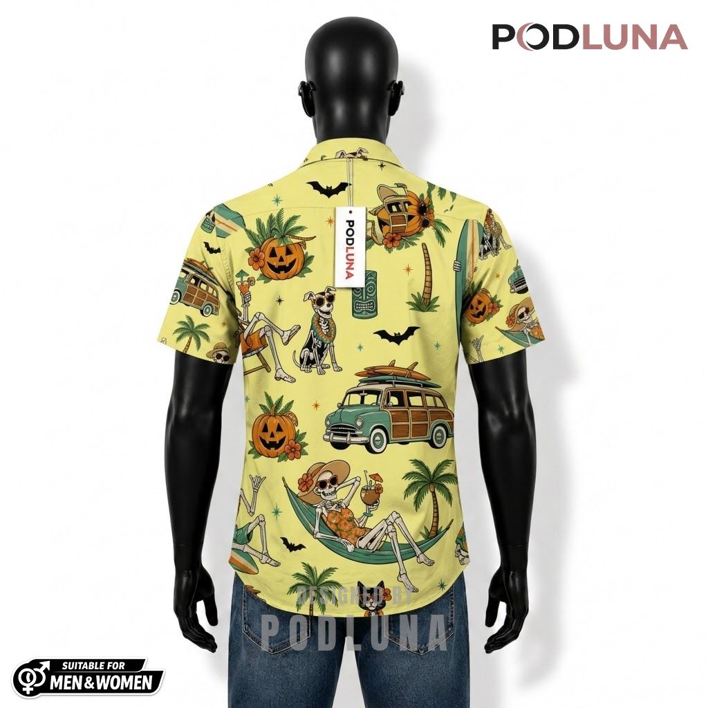 Skeleton Beach Halloween Hawaiian Shirt Woody Wagon Yellow Back Skeleton Beach Halloween Hawaiian Shirt Woody Wagon Yellow Back