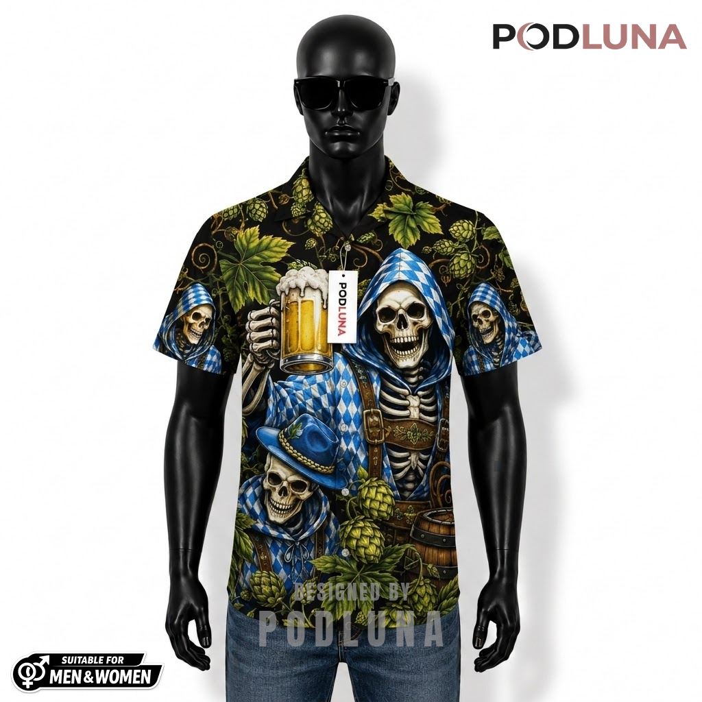 Skeleton Beer Hawaiian Shirt Bavarian Hops Pattern Front