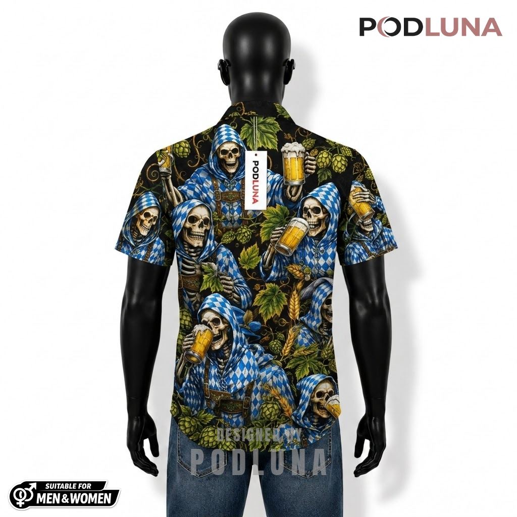 Skeleton Beer Hawaiian Shirt Bavarian Hops Pattern Back Skeleton Beer Hawaiian Shirt Bavarian Hops Pattern Back