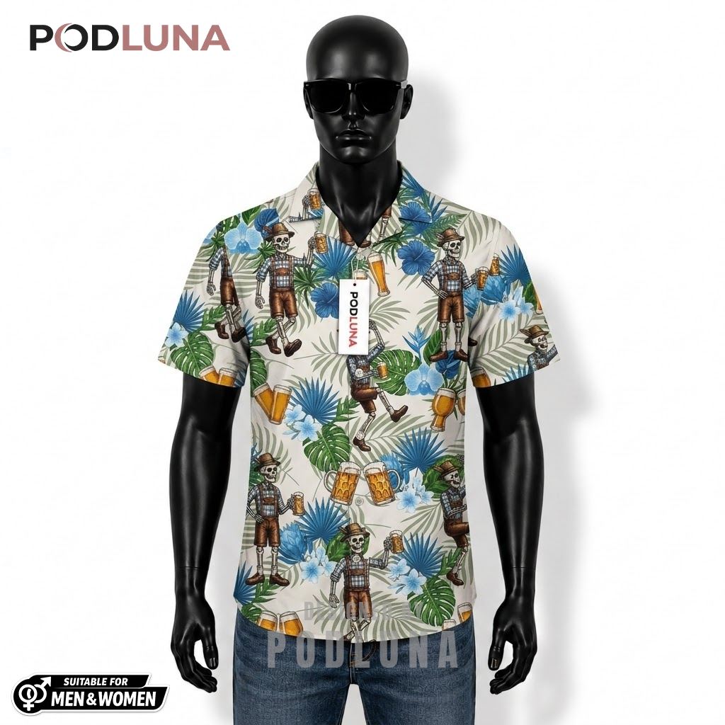 Skeleton Beer Hawaiian Shirt Lederhosen Tropical Pattern Front