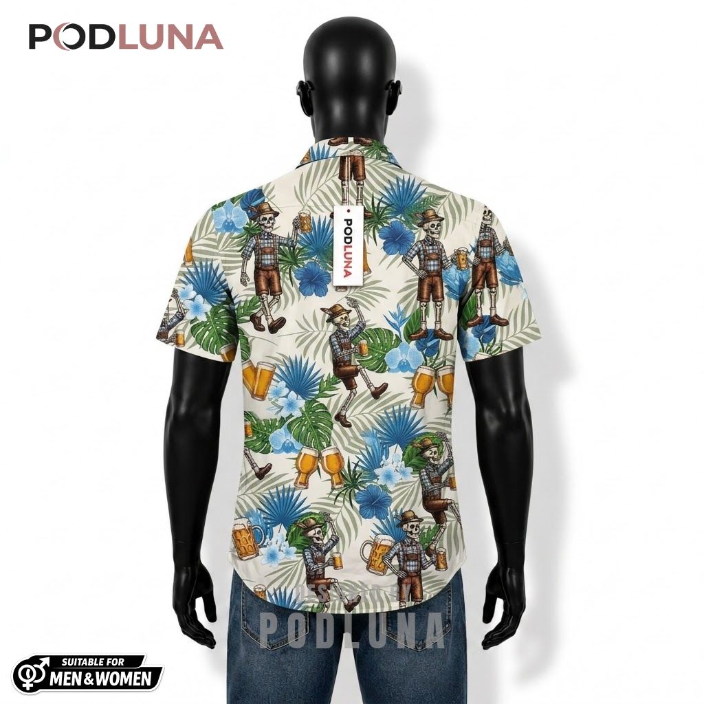 Skeleton Beer Hawaiian Shirt Lederhosen Tropical Pattern Back Skeleton Beer Hawaiian Shirt Lederhosen Tropical Pattern Back