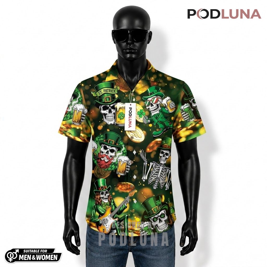 Skeleton Beer Hawaiian Shirt Patrick Gold Coin Pattern Front