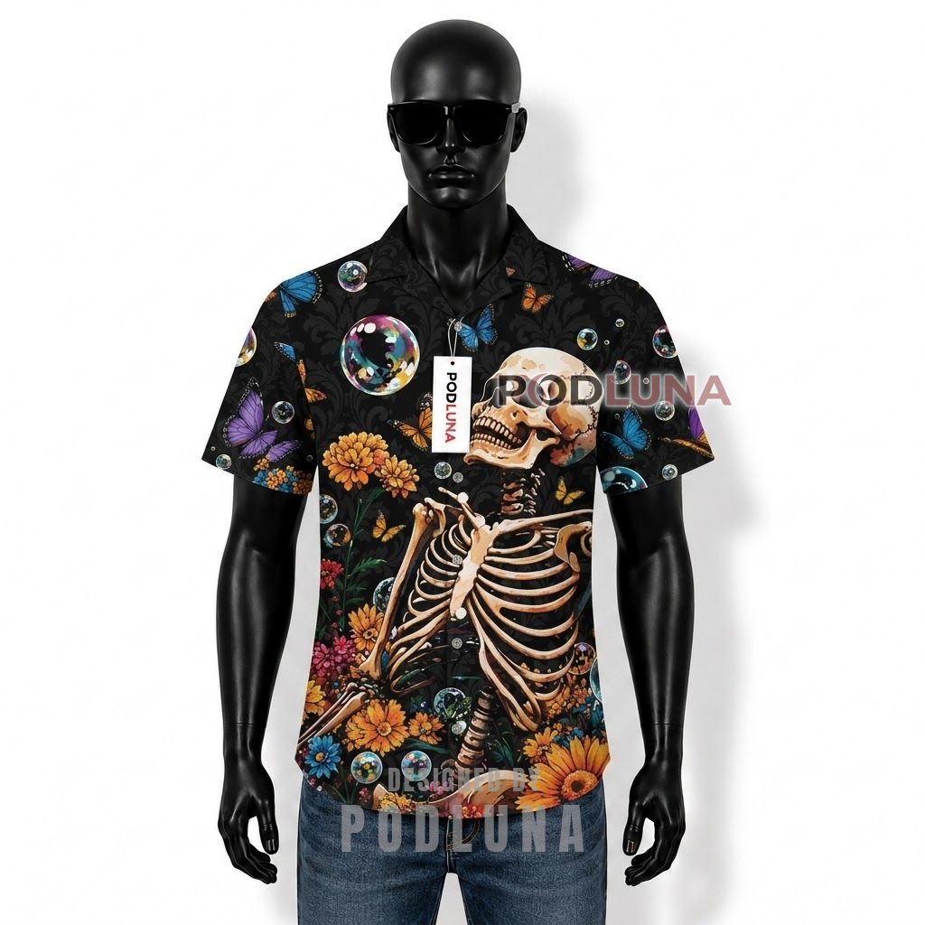 Skeleton Butterfly Floral Hawaiian Shirt Front