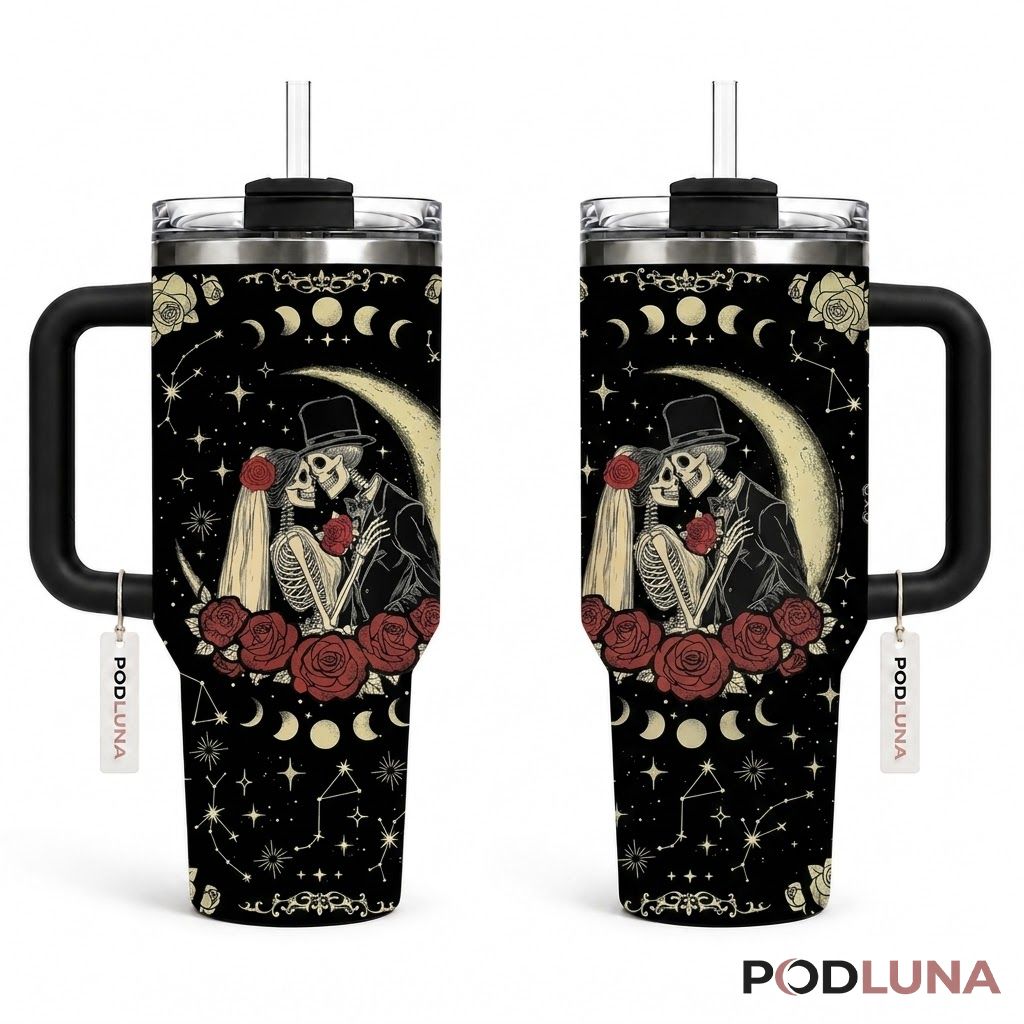 Skeleton Couple Halloween Tumbler 40oz Moon Rose Wedding Design