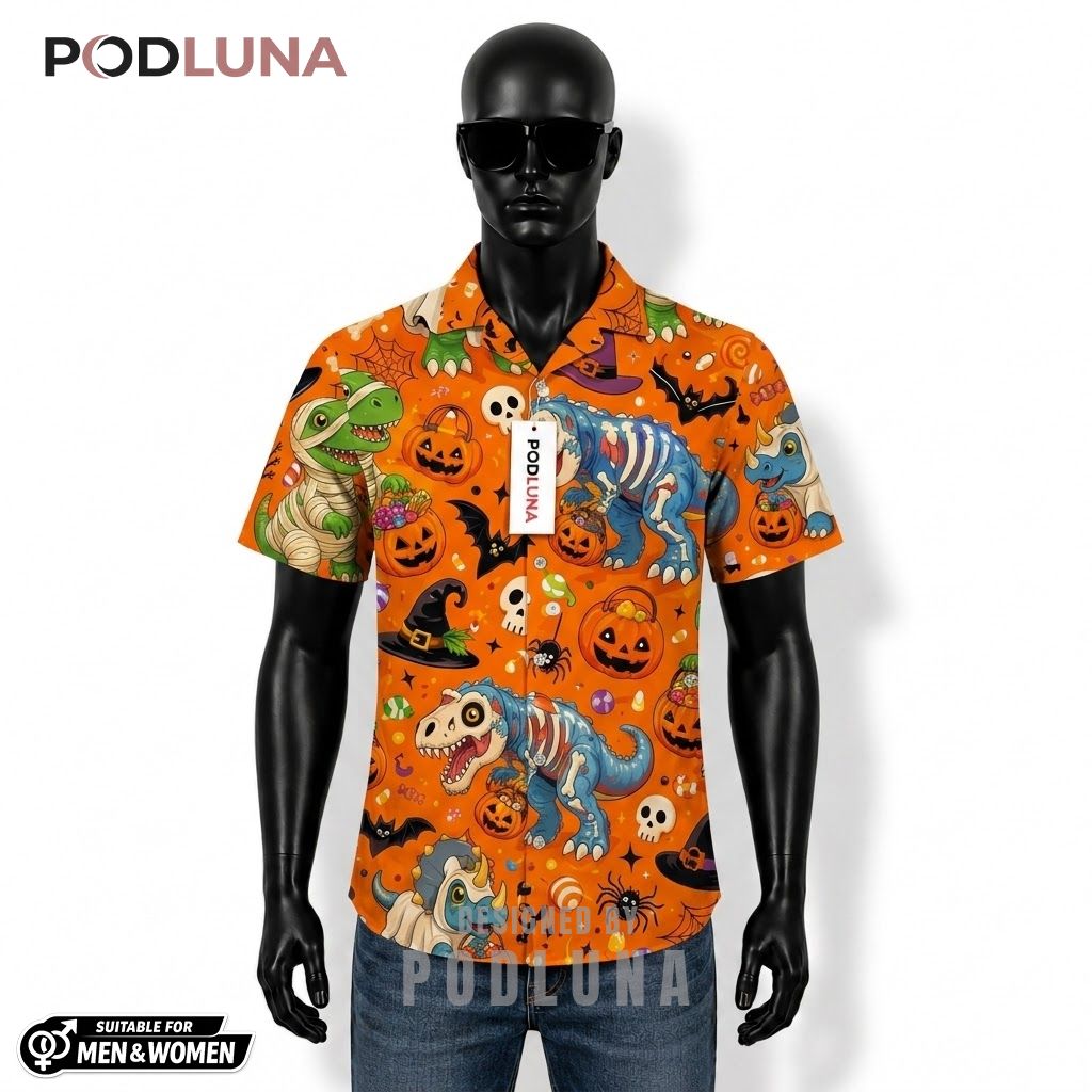 Skeleton Dinosaur Halloween Hawaiian Shirt Ghost Rex Candy Front