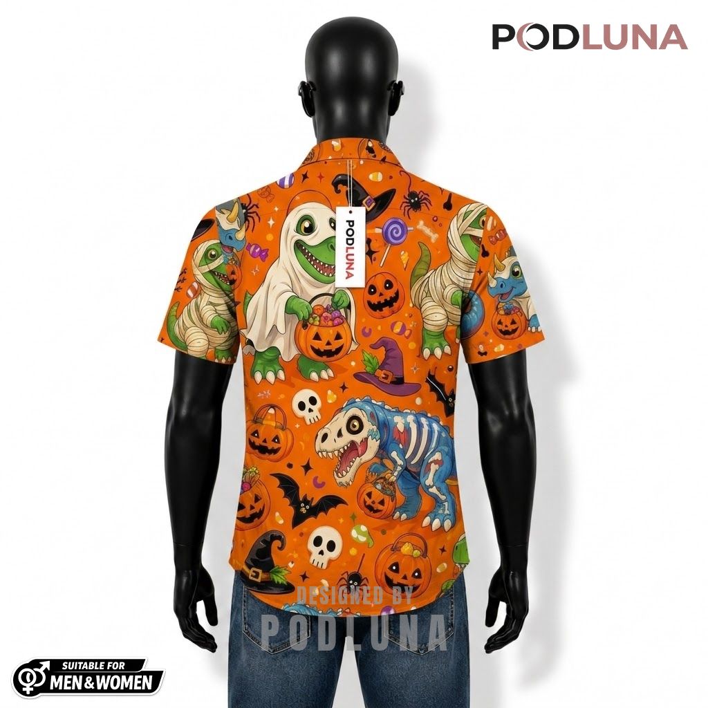 Skeleton Dinosaur Halloween Hawaiian Shirt Ghost Rex Candy Back Skeleton Dinosaur Halloween Hawaiian Shirt Ghost Rex Candy Back