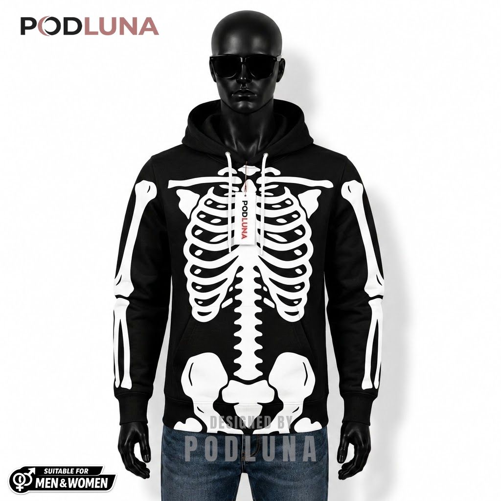 Skeleton Halloween 3D Hoodie Black White Ribcage Mask Design 1