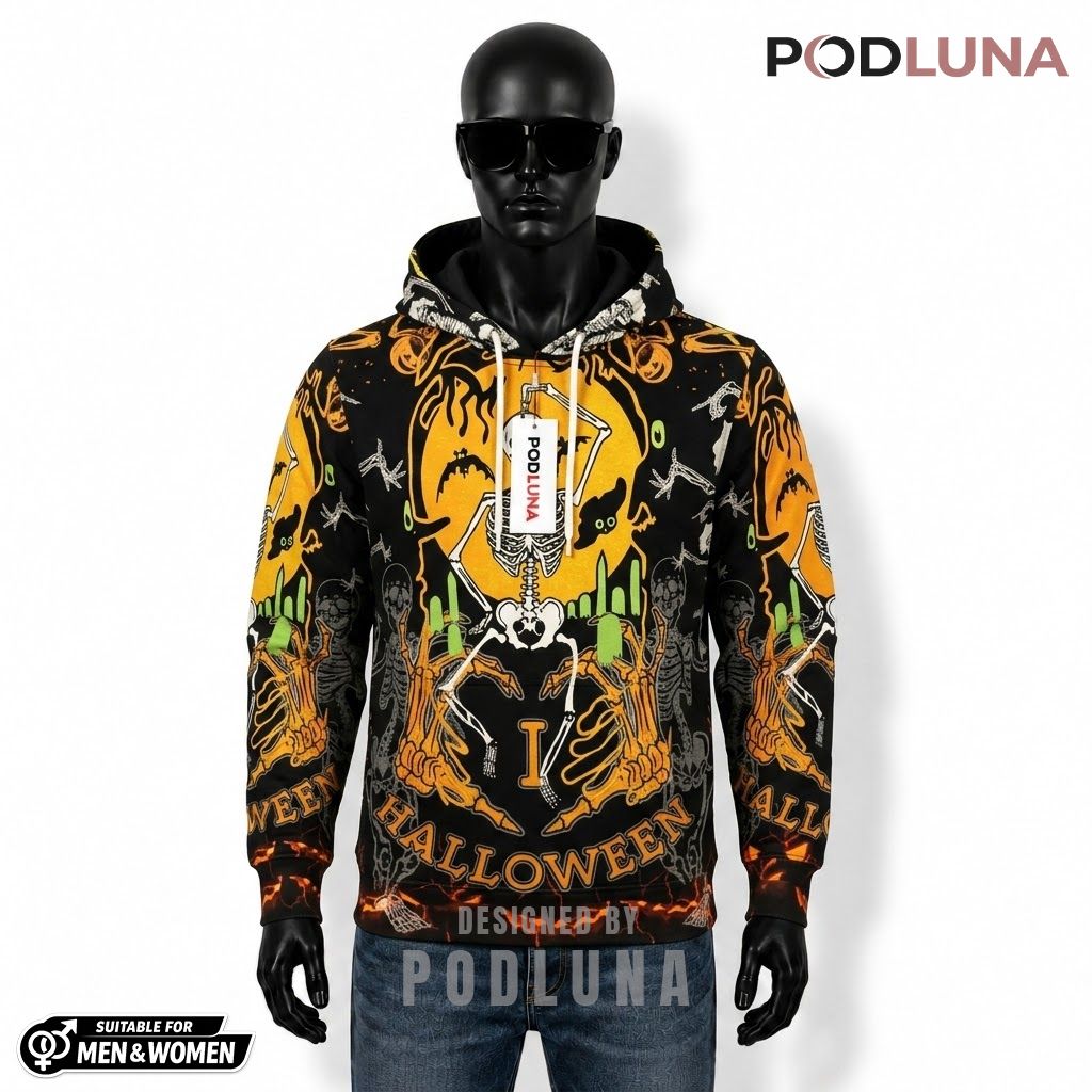 Skeleton Halloween 3D Hoodie I Love Yellow Moon Cemetery 1