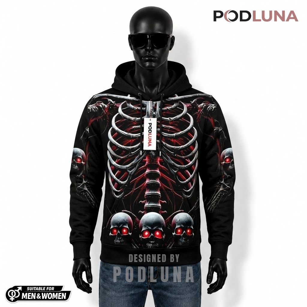 Skeleton Halloween 3D Hoodie Ribcage Red Eye Multiple Skulls 1