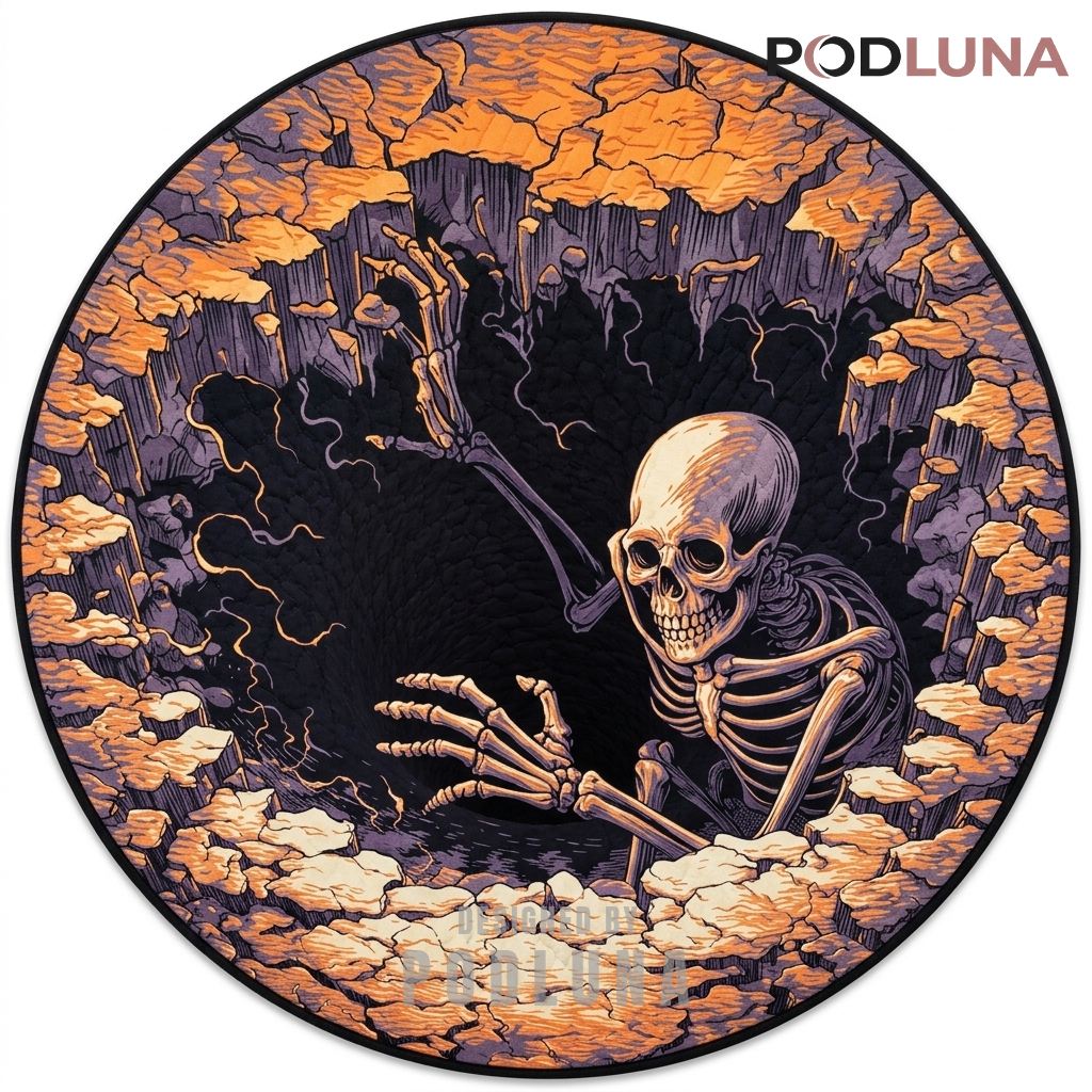 Skeleton Halloween 3D Rug Cracked Earth Line Art Pipe Style