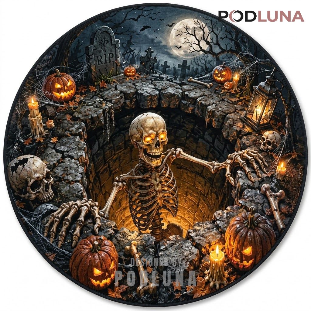 Skeleton Halloween 3D Rug Graveyard Pumpkin Illusion