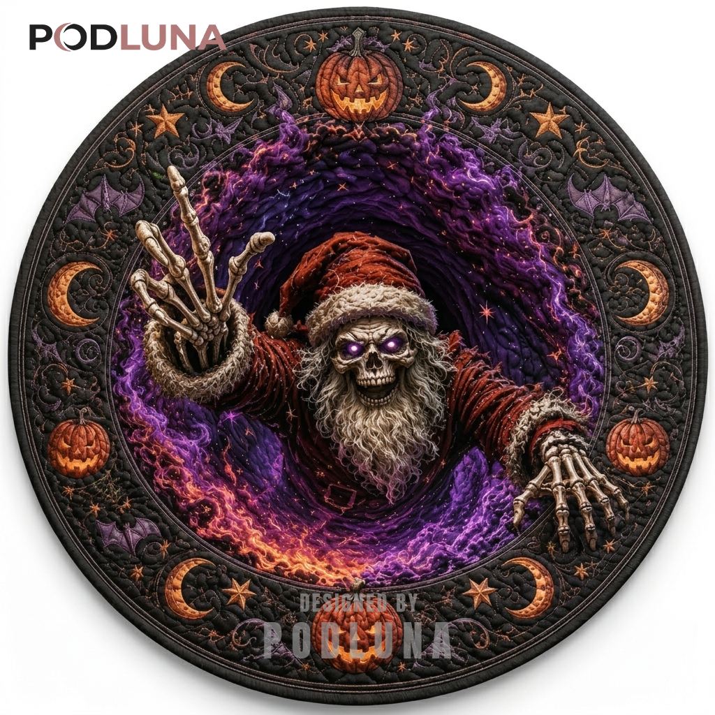 Skeleton Halloween 3D Rug Santa Hat Purple Cosmic Flame Portal