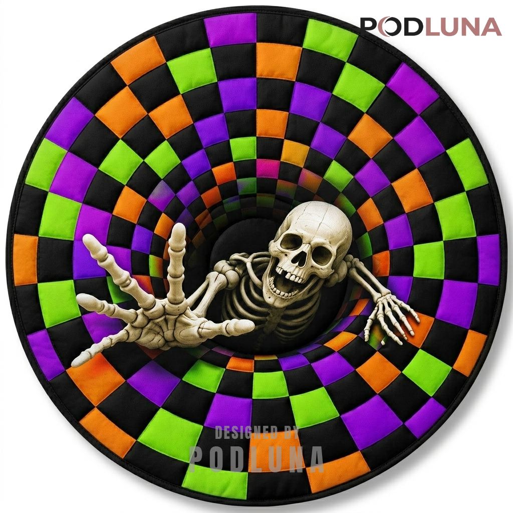 Skeleton Halloween 3D Rug Vortex Checkered Illusion