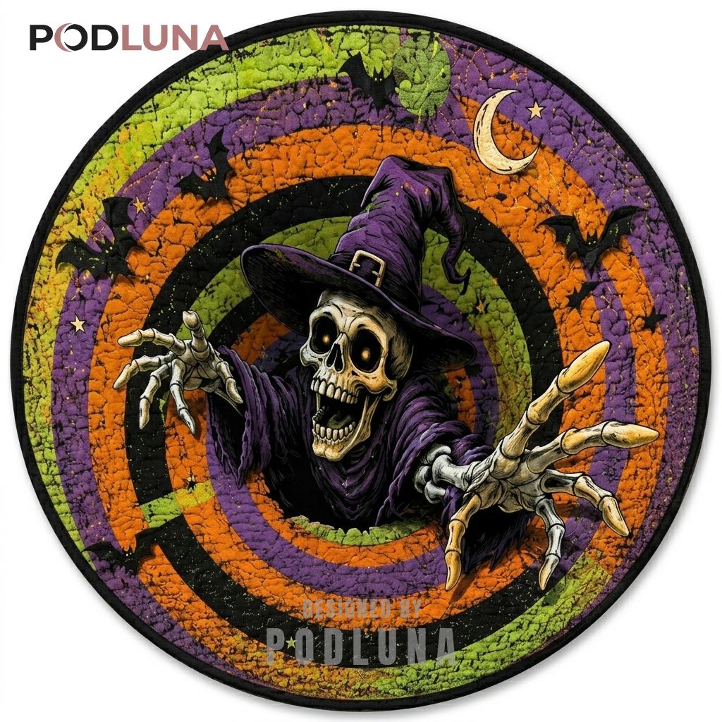 Skeleton Halloween 3D Rug Witch Hat Bats Crescent Moon Portal