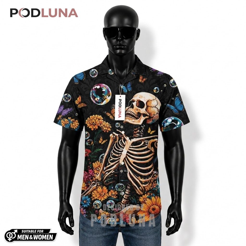 Skeleton Halloween Hawaiian Shirt Butterfly Bubble Floral Front