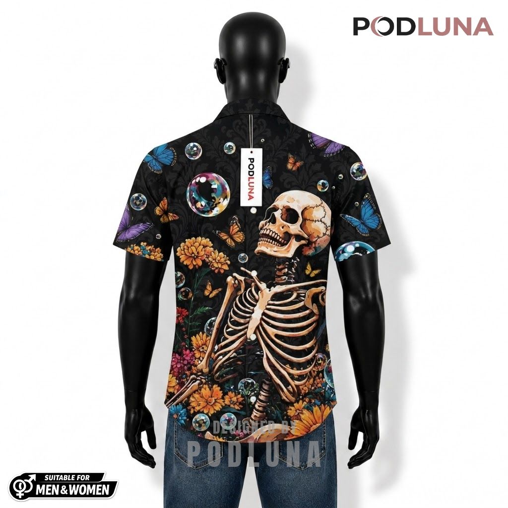 Skeleton Halloween Hawaiian Shirt Butterfly Bubble Floral Back Skeleton Halloween Hawaiian Shirt Butterfly Bubble Floral Back
