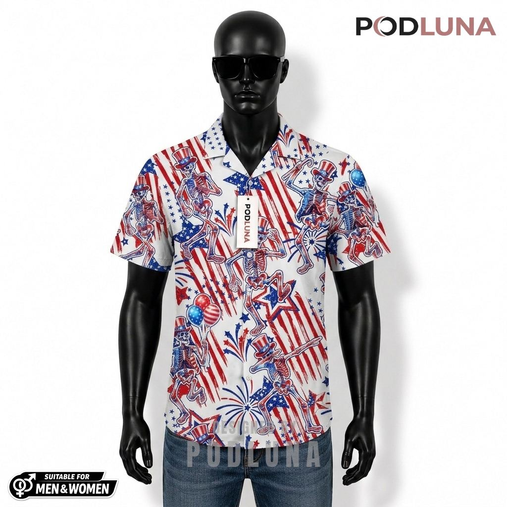 Skeleton Patriotic Hawaiian Shirt USA Flag Balloon Print Front