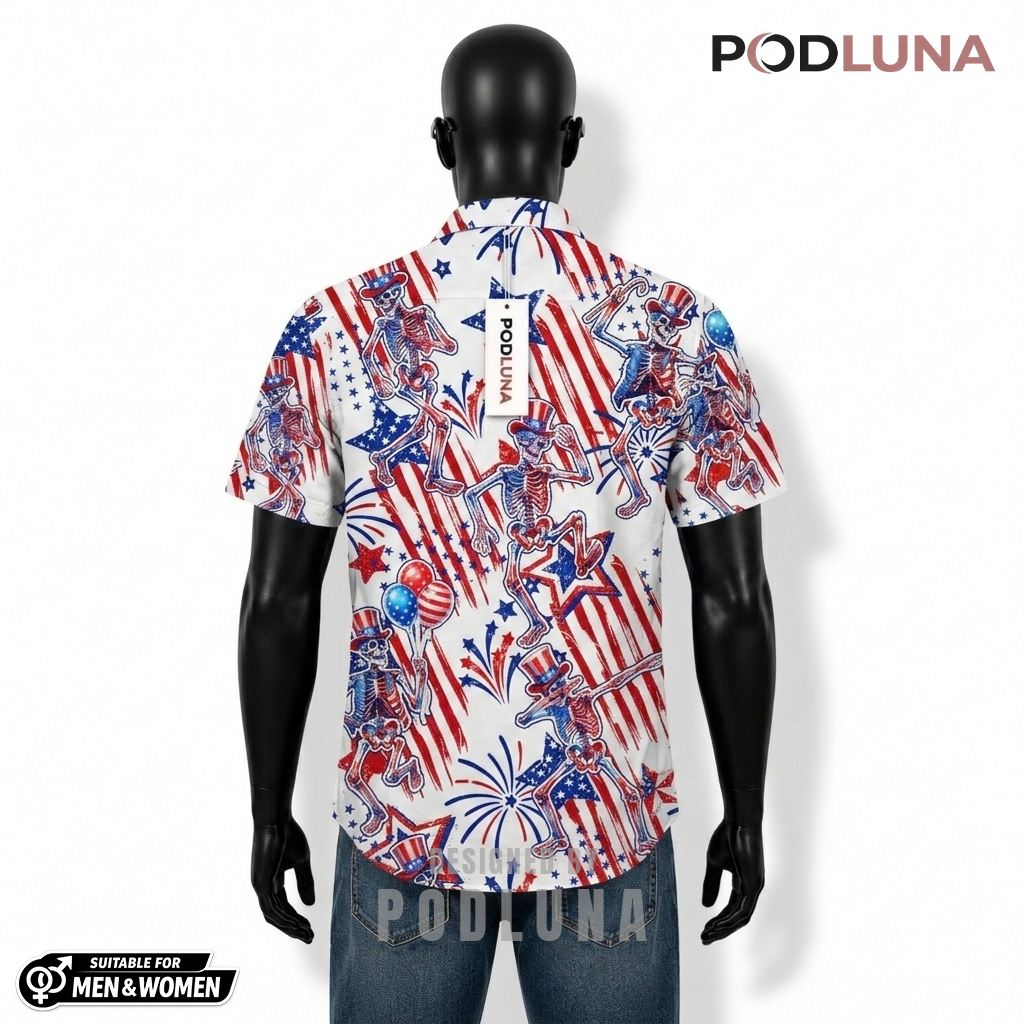 Skeleton Patriotic Hawaiian Shirt USA Flag Balloon Print Back Skeleton Patriotic Hawaiian Shirt USA Flag Balloon Print Back