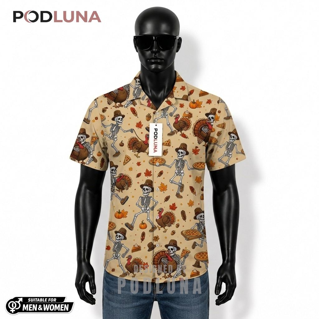 Skeleton Pizza Turkey Thanksgiving Hawaiian Shirt Autumn Leaves Front