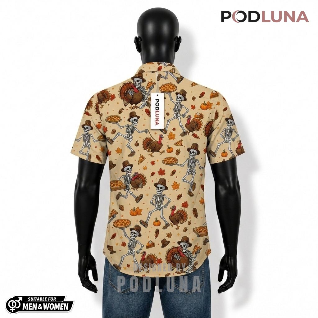 Skeleton Pizza Turkey Thanksgiving Hawaiian Shirt Autumn Leaves Back Skeleton Pizza Turkey Thanksgiving Hawaiian Shirt Autumn Leaves Back