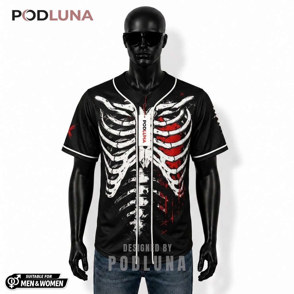 Skeleton Rib Cage Halloween Baseball Jersey Black White 1
