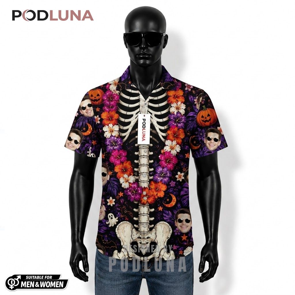 Skeleton Ribcage Halloween Hawaiian Shirt Purple Floral Ghost Front