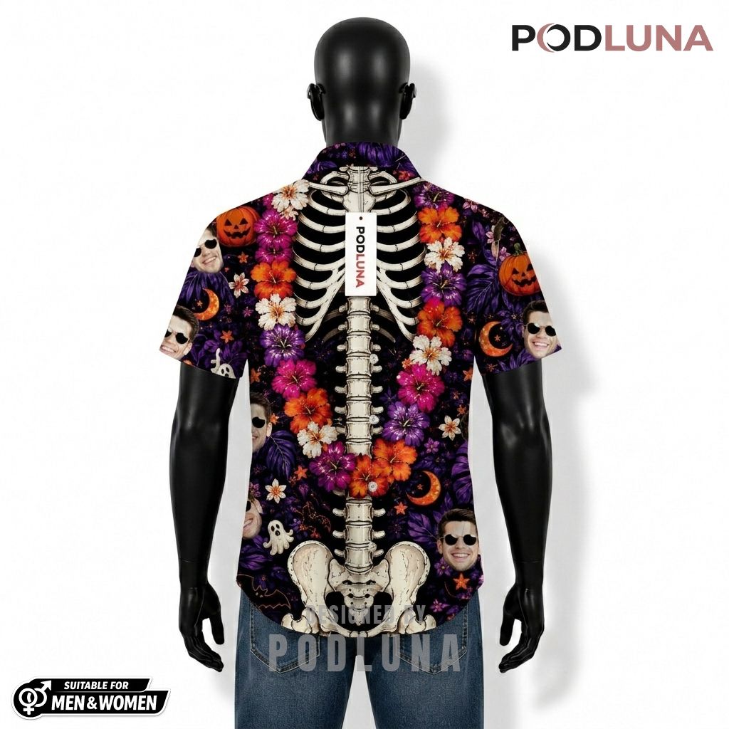 Skeleton Ribcage Halloween Hawaiian Shirt Purple Floral Ghost Back Skeleton Ribcage Halloween Hawaiian Shirt Purple Floral Ghost Back