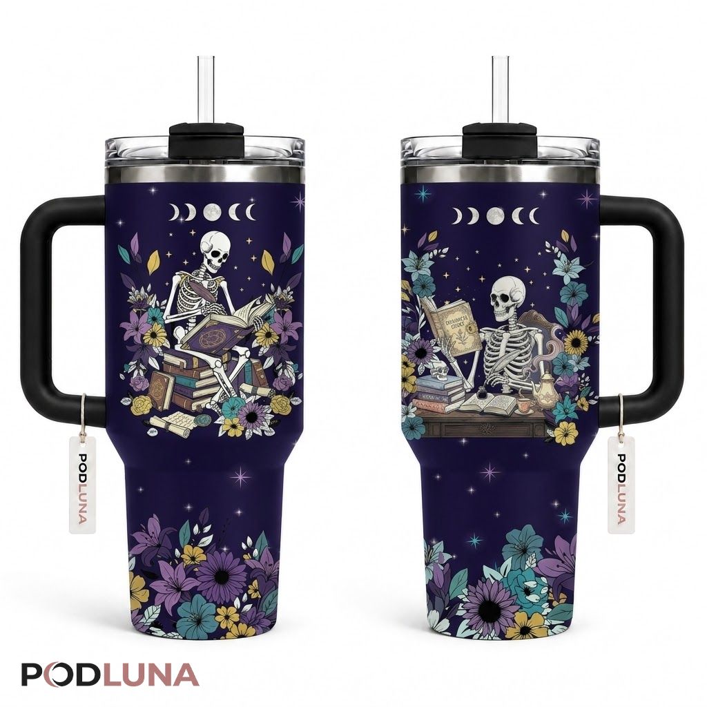 Skeleton Scholar Halloween Tumbler 40oz Botanical Moon Design