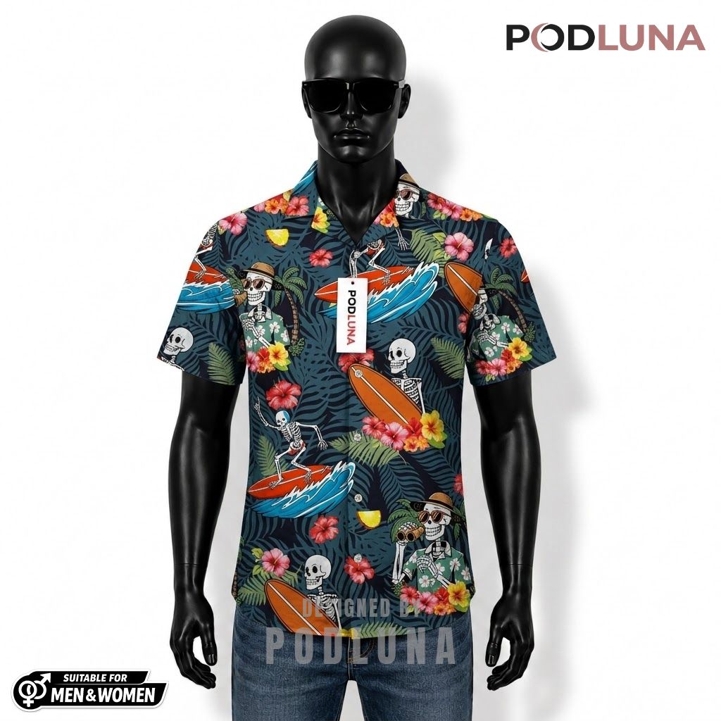 Skeleton Surfer Halloween Hawaiian Shirt Tropical Palm Hibiscus Front