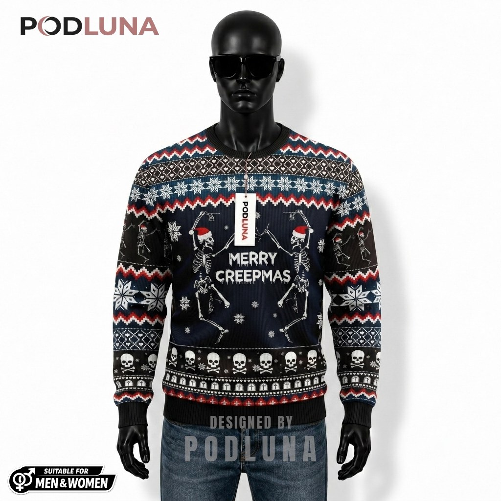 Skeleton Ugly Christmas Sweater Merry Creepmas Dancing Front